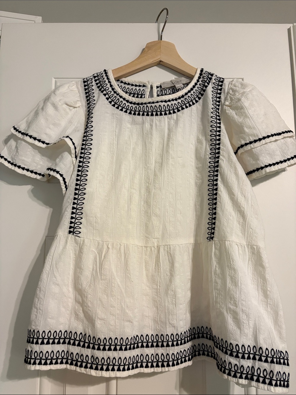 LOFT Cream Top with Black Embroidered Trim